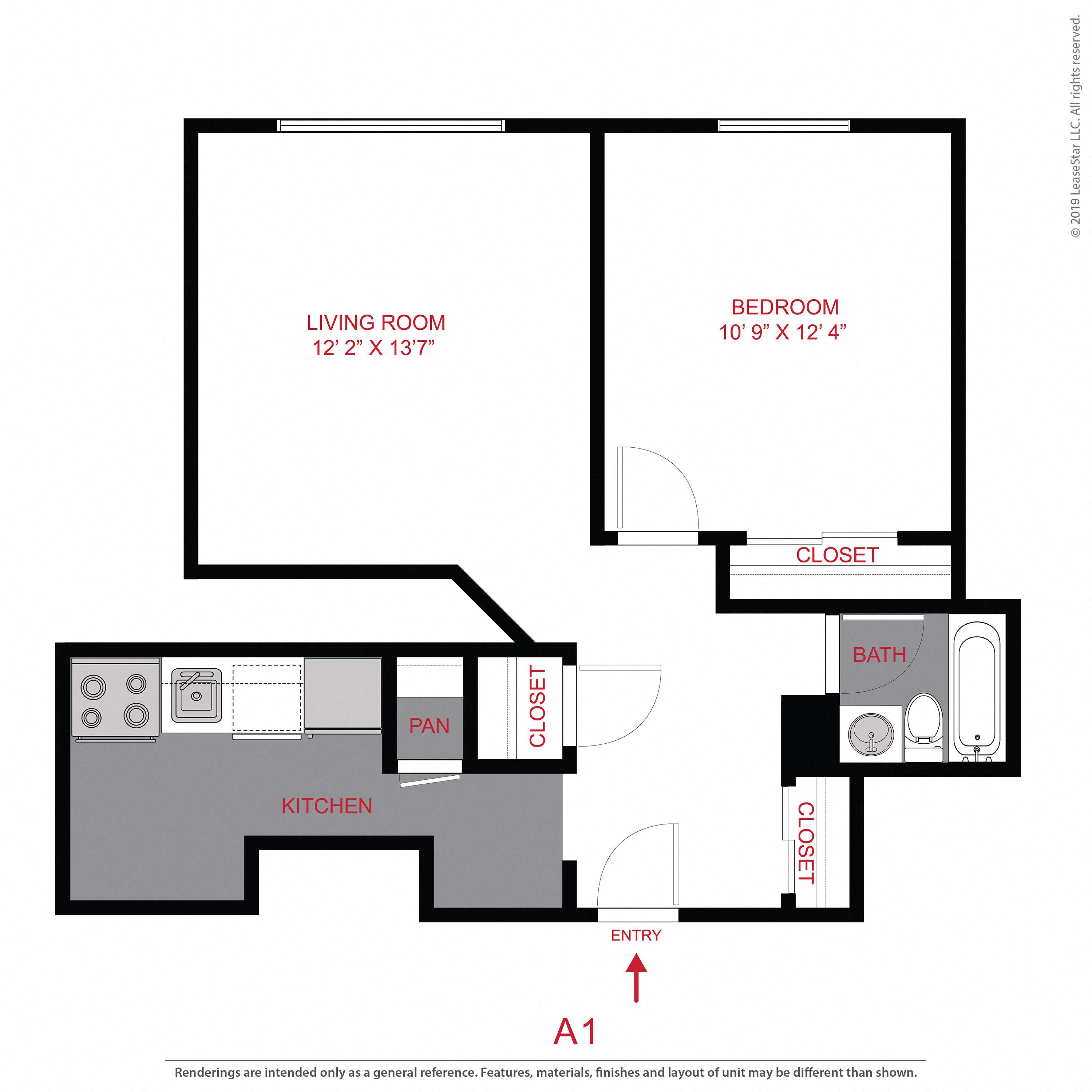 Floor plan for studio, 1 bath, 425 sqft